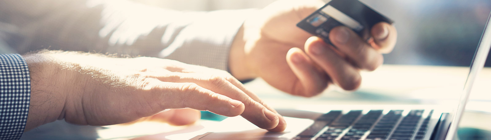 Man using credit card and computer