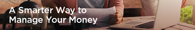 logo for a smarter way to manage your money with hands near papers and computer