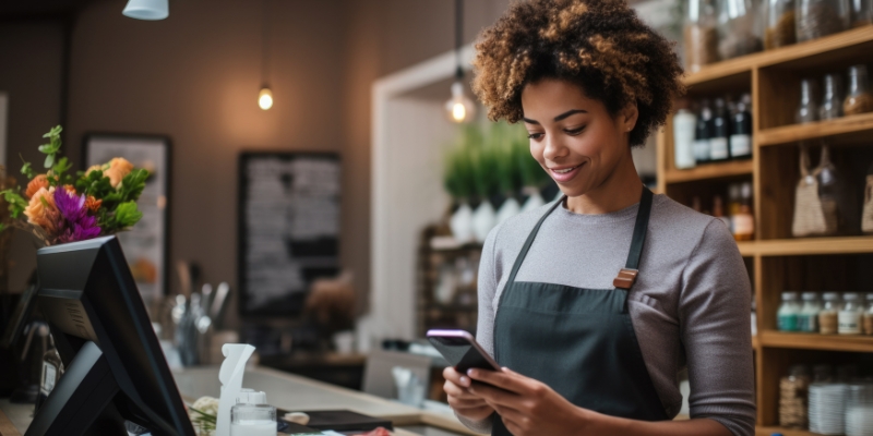 Woman shopkeeper reviewing mobile banking details while standing behind a checkout station.